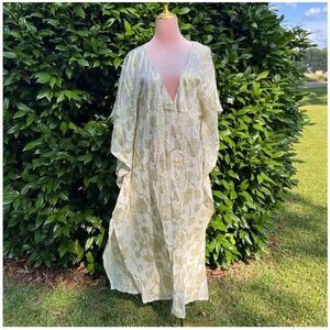 Muche et Muchette Taki Metallic Thread Floral Print Kaftan Maxi in Cream/Gold.
